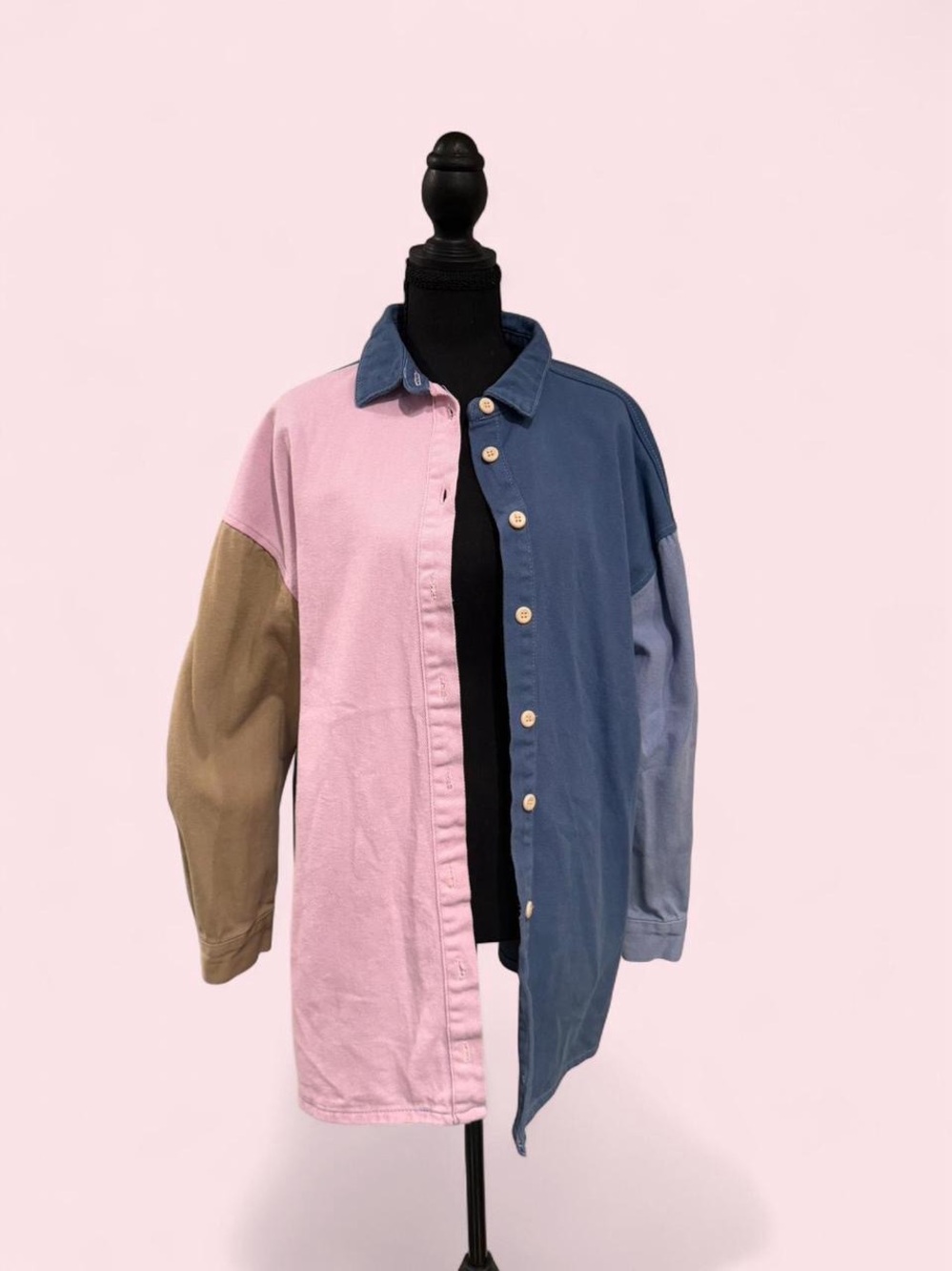 Colorblock Oversized Button-Up Shirt Jacket - Pink, Blue, Olive